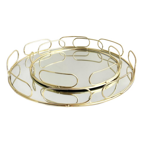 Set 2 Gold Plated Round Deluxe Mirror Trays