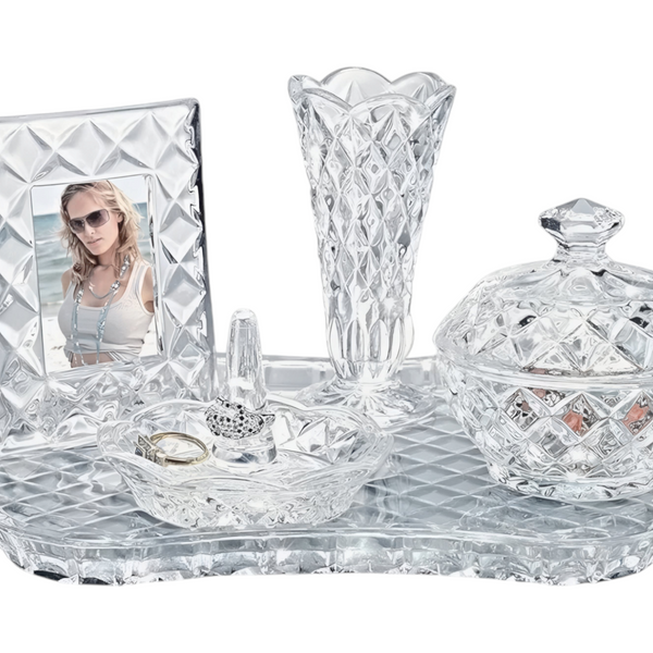 5 Piece Crystal Cut Glass Vanity Dressing Table Set