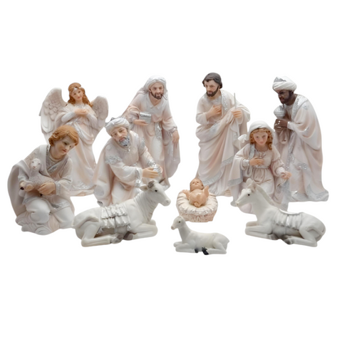 11 Piece Christmas Nativity Scene White & Silver Figurines Display Set- 30cm