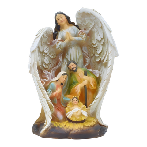 Christmas Nativity Holy Family Colour Statue within Angel Wing