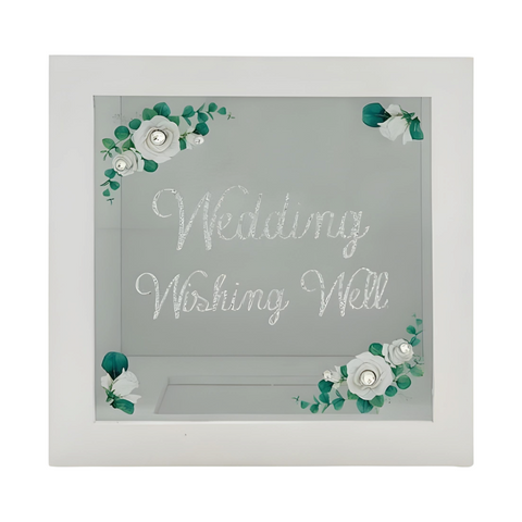 White Wood Square Floral Design Wedding Wishing Well Box