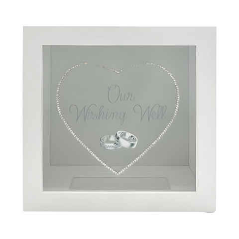 White Wood Square Love Heart & Rings Wedding Wishing Well Box