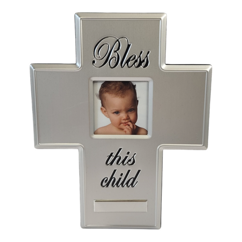 Silver Bless This Child Cross Photo Frame in Satin Gift Box