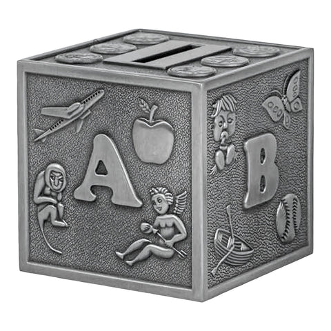 CHILDRENS SILVER PEWTER ABC ALPHABET CUBE BLOCK MONEY BOX BABY SHOWER CHRISTENING NEWBORN GIFT