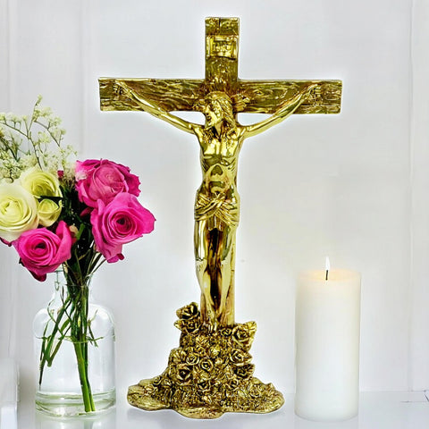 Large Gold Plated Standing Holy Religious crucifix Cross