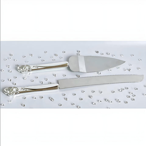 Set 2 Silver Cake Server & Knife with Crystal Diamante Double Hearts Handles