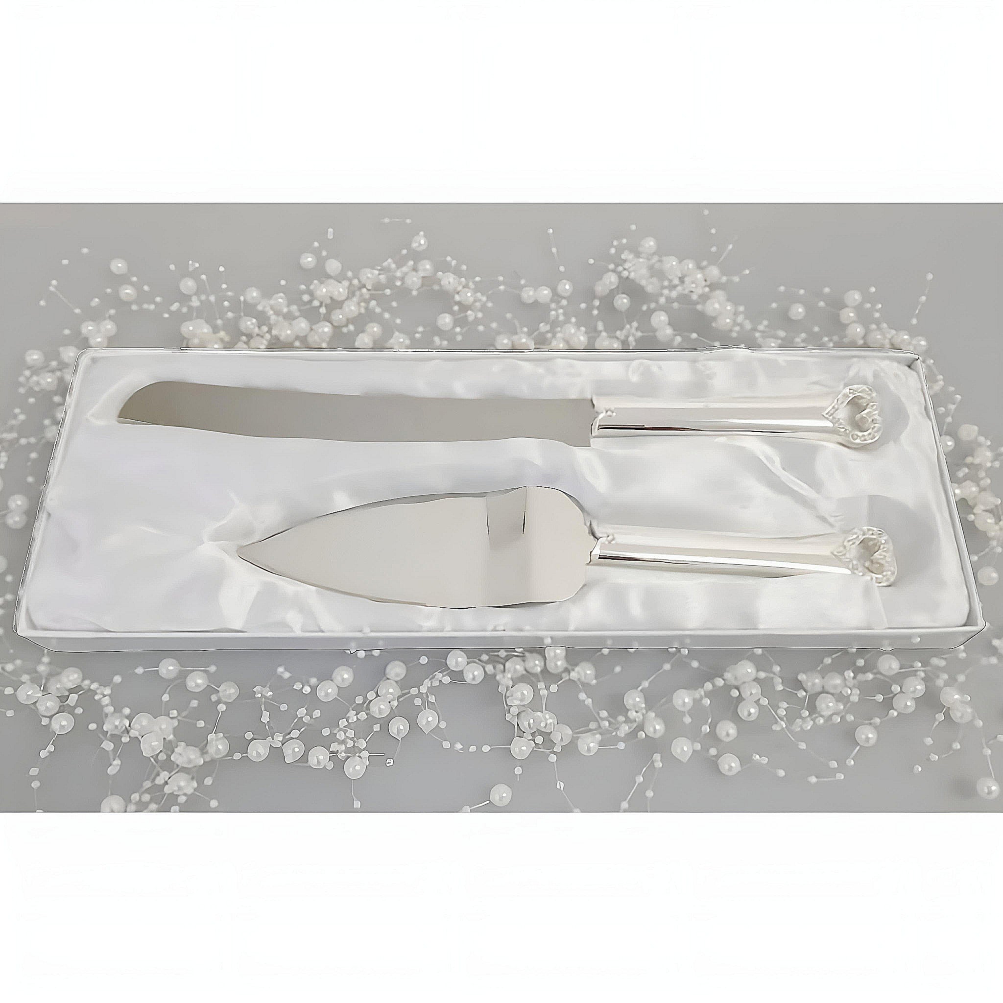 Set 2 Silver Cake Server & Knife with Crystal Diamante Heart Handles