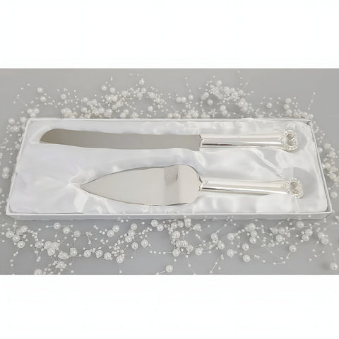 Set 2 Silver Cake Server & Knife with Crystal Diamante Heart Handles