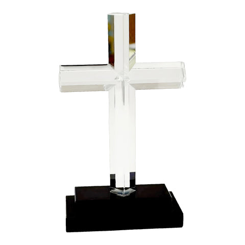 Clear Crystal Cut Glass Standing Religious Cross on Black Stand