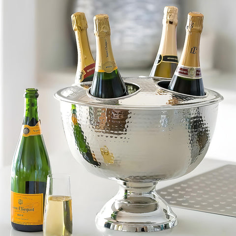 Silver Plated 4 Bottle Hammered Wine champagne Cooler ice Bucket with Lid