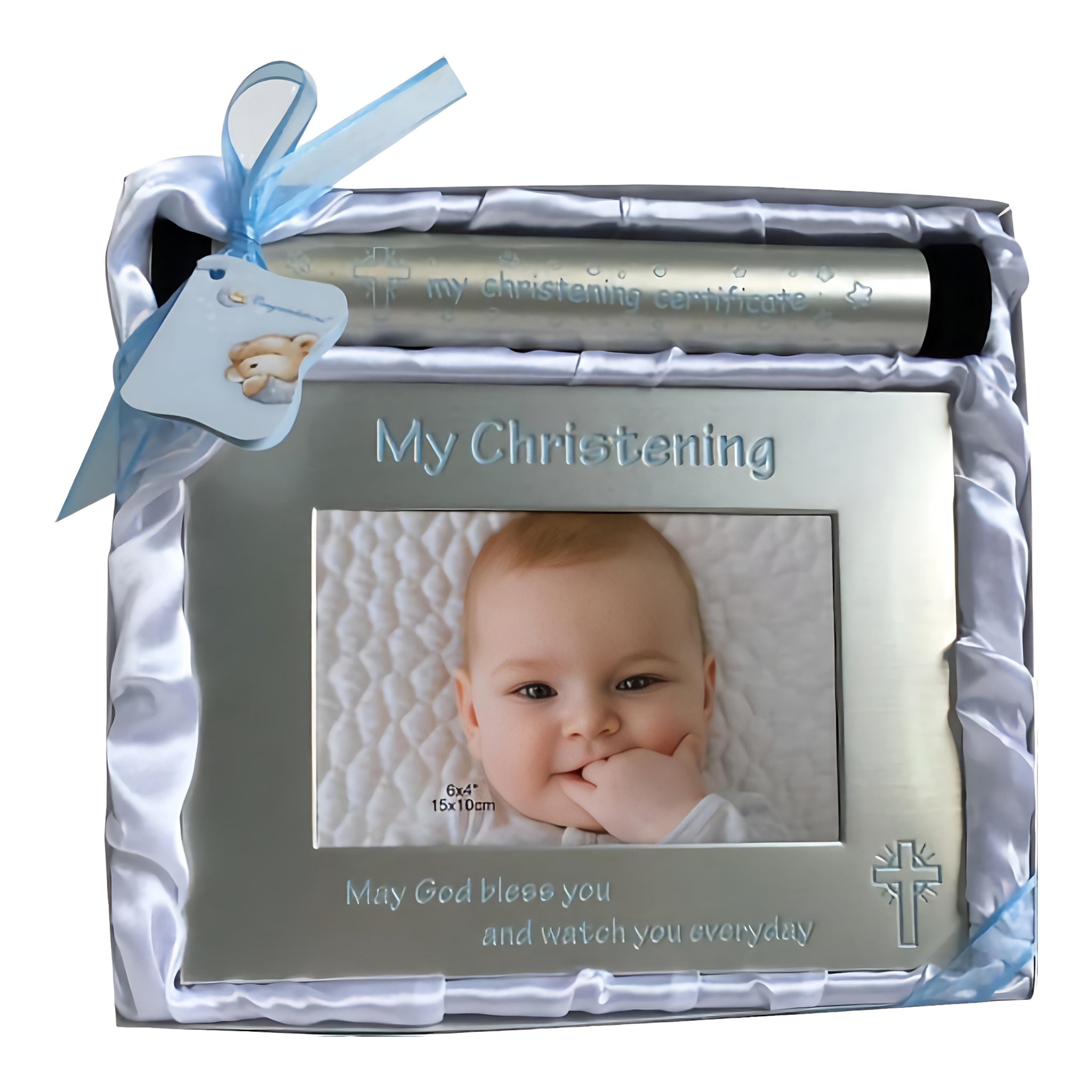 Set 2 Blue Baby Boy Christening Certificate Holder & Photo Frame in Satin Gift Box