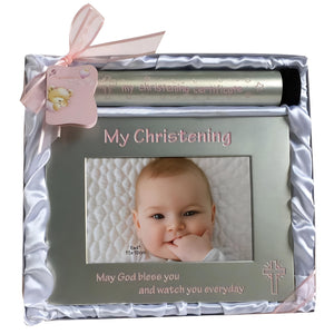 Set 2 Pink Baby Girl Christening Certificate Holder & Photo Frame in Satin Gift Box