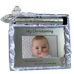 Set 2 Silver Baby Christening Certificate Holder & Photo Frame in Satin Gift Box