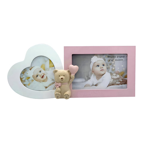 Pink Baby Girl Multi Dual Photo Frame & 3D Teddy Bear