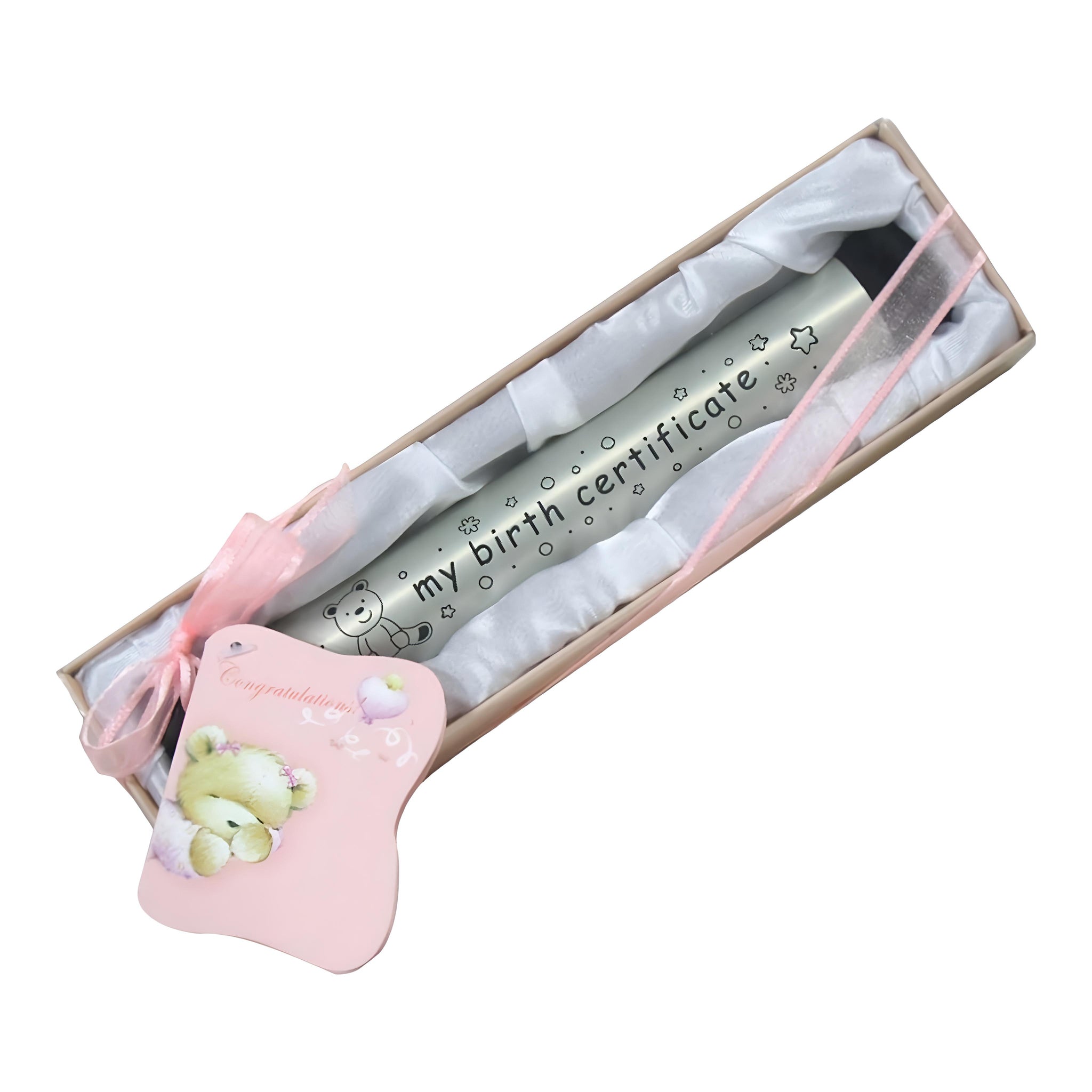 Pink Baby Girl My Birth Certificate Holder in Satin Gift Box