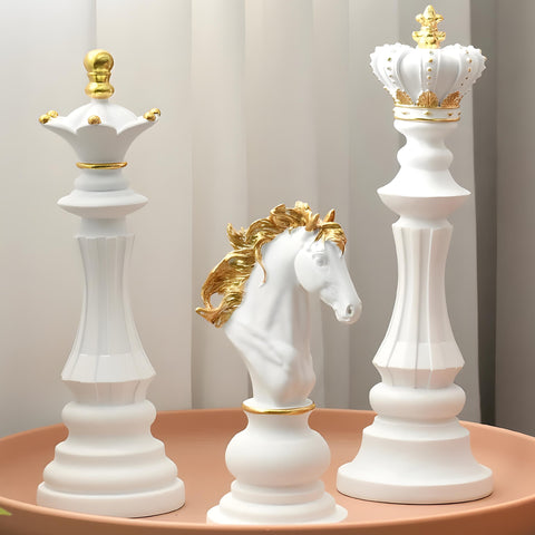 Set 3 Large White Tabletop Chess Piece Figurines- King, Queen, Knight