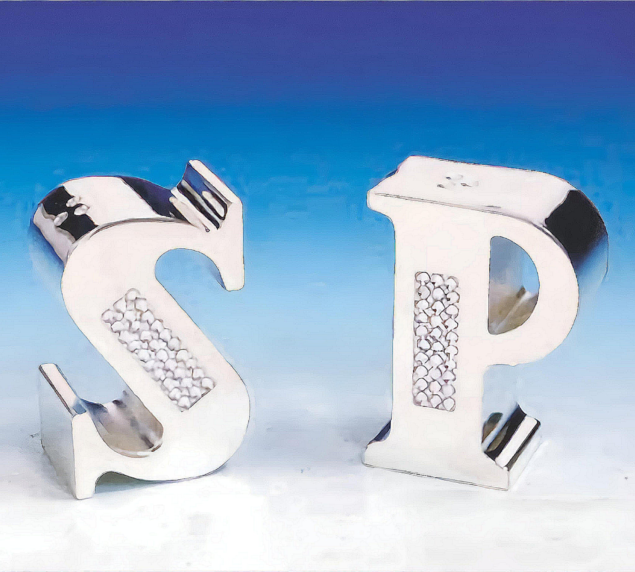 Set 2 Silver Plated Salt & Pepper Letters Shakers & Crystal Diamantes- S & P