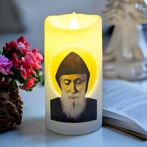 Catholic Saint Charbel LED Flameless Pillar Light Up Candle