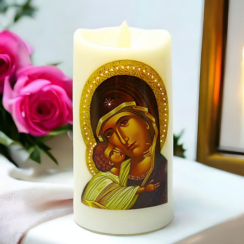 Orthodox Holy Mother Mary & Jesus LED Flameless Pillar Light Up Candle