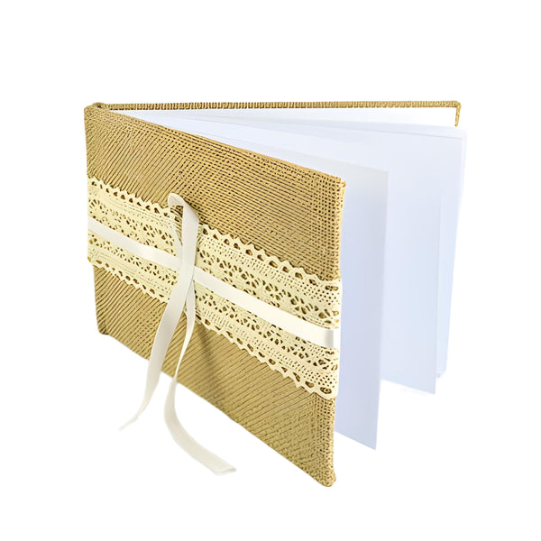 Hessian Burlap Wedding Guest Book with Ivory Lace Trim & Ribbon Bow