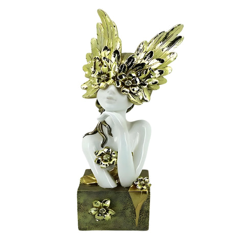 Floral Lady Statue with Golden Mask on Base