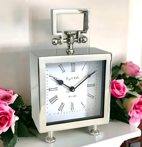 Shiny Silver Plated Cube Footed Doyle & Co Mantel Clock