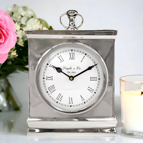 Shiny Silver Plated Rectangle Doyle & Co Mantel Clock with White Face- Large