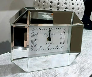 Shiny Silver Plated Horizontal Clipped Corner Doyle & Co Mantel Mirror Clock