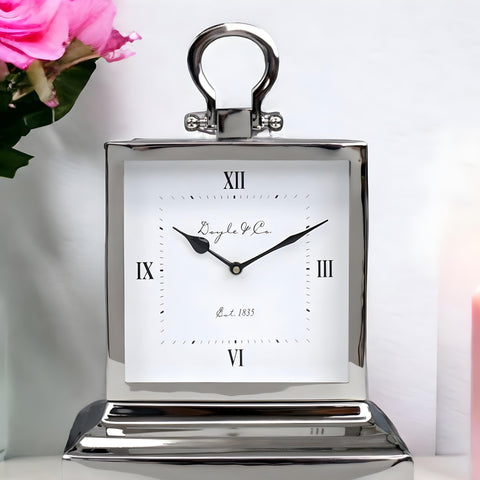 Shiny Silver Plated Rectangle Stepped Base Mantle Clock- Large