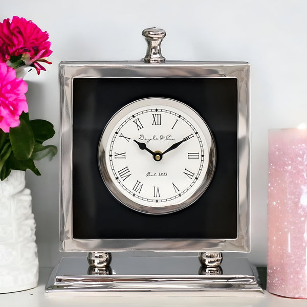 Shiny Silver Plated & Black Square Doyle & Co Mirror Mantel Clock on Silver Stand