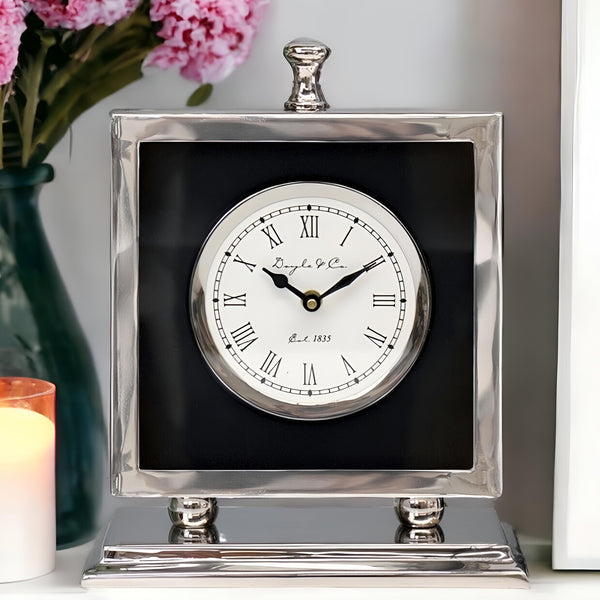 Shiny Silver Plated & Black Square Doyle & Co Mirror Mantel Clock on Silver Stand