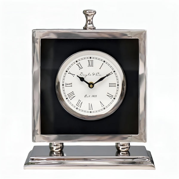 Shiny Silver Plated & Black Square Doyle & Co Mirror Mantel Clock on Silver Stand