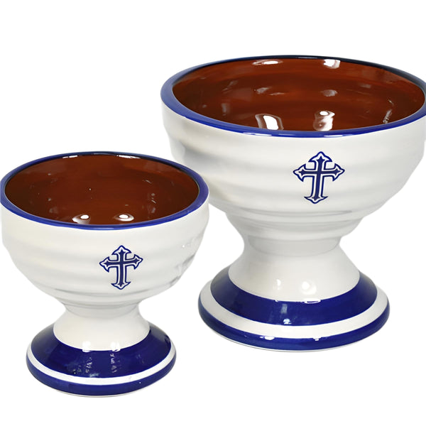 Orthodox Blue & White Ceramic Incense Burner Cup with Cross Sign & Handle- Small