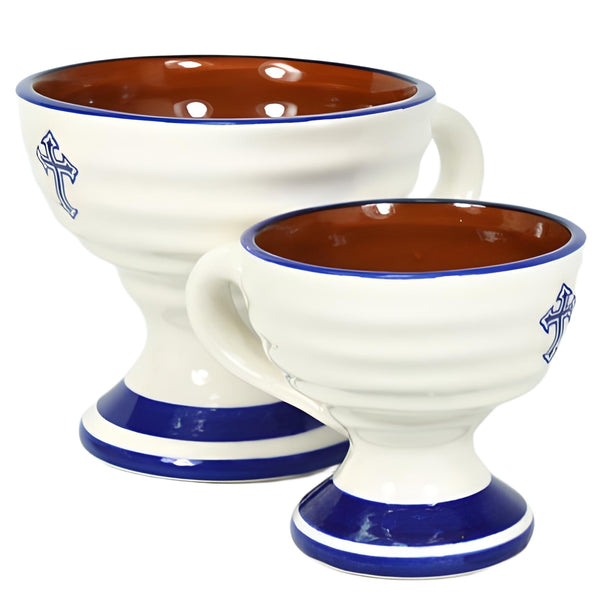 Orthodox Blue & White Ceramic Incense Burner Cup with Cross Sign & Handle- Small