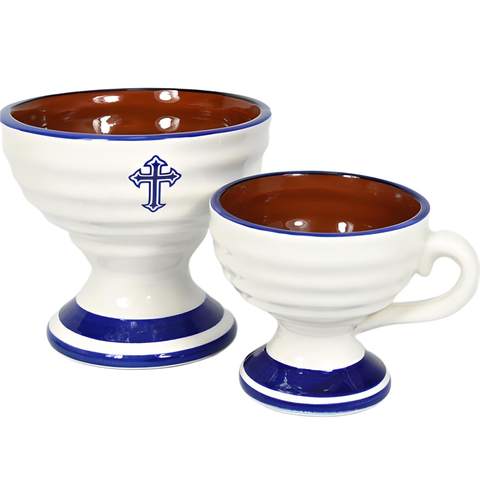 Orthodox Blue & White Ceramic Incense Burner Cup with Cross Sign & Handle- Large