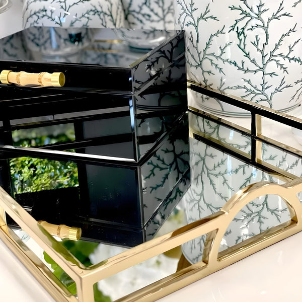 Gold Plated Rectangle Decorative Deluxe Mirror Tray with Arch Handles