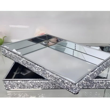 Set 2 Silver Rectangle Sparkling Crystal Diamante Frame Decorative Mirror Trays