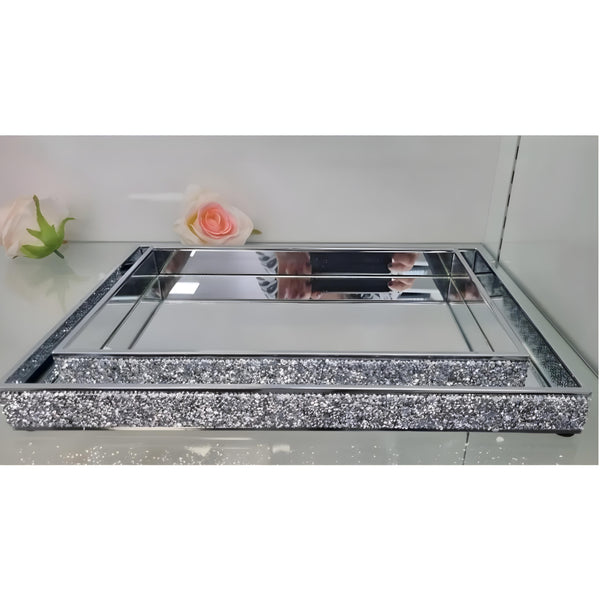 Set 2 Silver Rectangle Sparkling Crystal Diamante Frame Decorative Mirror Trays