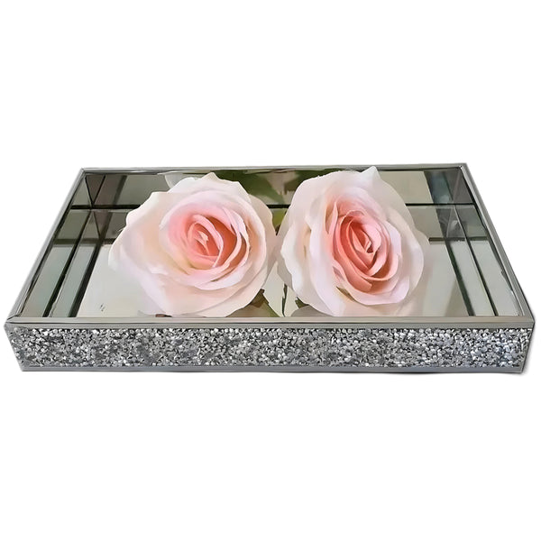 Set 2 Silver Rectangle Sparkling Crystal Diamante Frame Decorative Mirror Trays