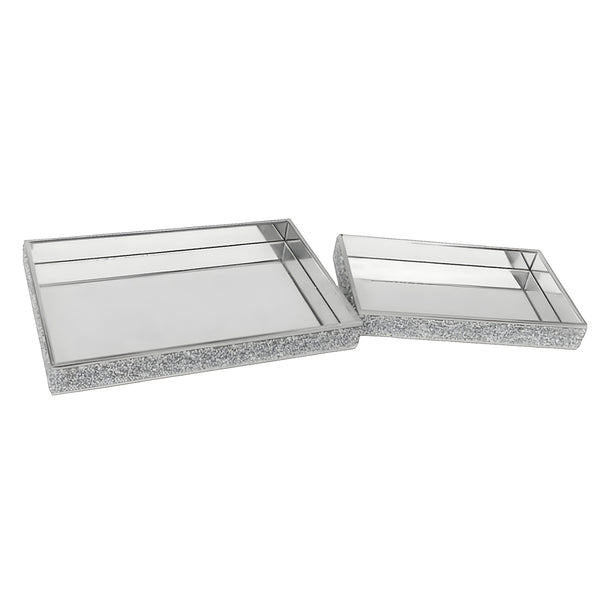 Set 2 Silver Rectangle Sparkling Crystal Diamante Frame Decorative Mirror Trays