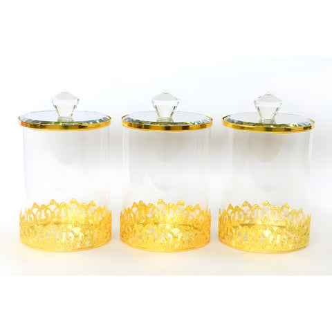 Set 3 Plain Clear Glass & Gold Trim Kitchen Canisters- Coffee Tea Sugar