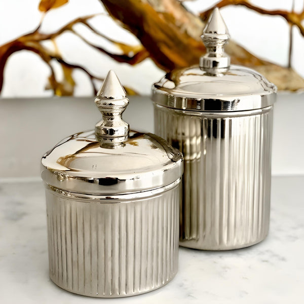 Silver Plated Decorative Tabletop Acorn Top Lid Ribbed Canister- Large