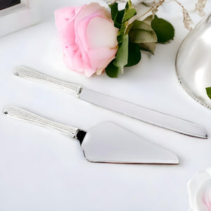 Set 2 Silver Cake Server & Knife with Diamante Crystal Handles