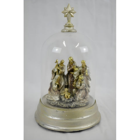 Gold Christmas Musical & Light Up Nativity Scene in Glass Dome Cloche