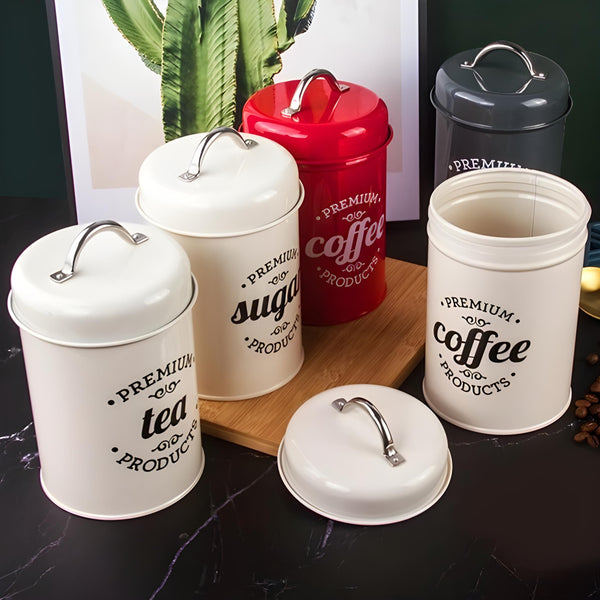 Set 3 Vintage Cream Metal Kitchen Canisters- Coffee Tea Sugar