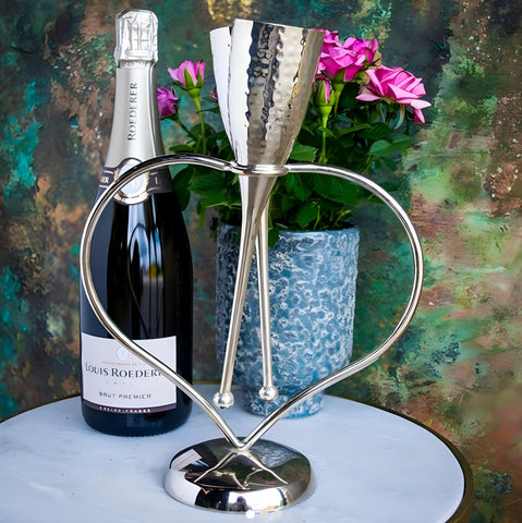 Set 2 Silver Plated Entwined Lovers' Heart Champagne Flutes on Stand