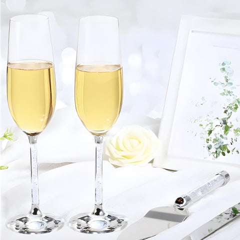 Set 2 Silver Champagne Glass Flutes & Crystal Diamante Filled Stems