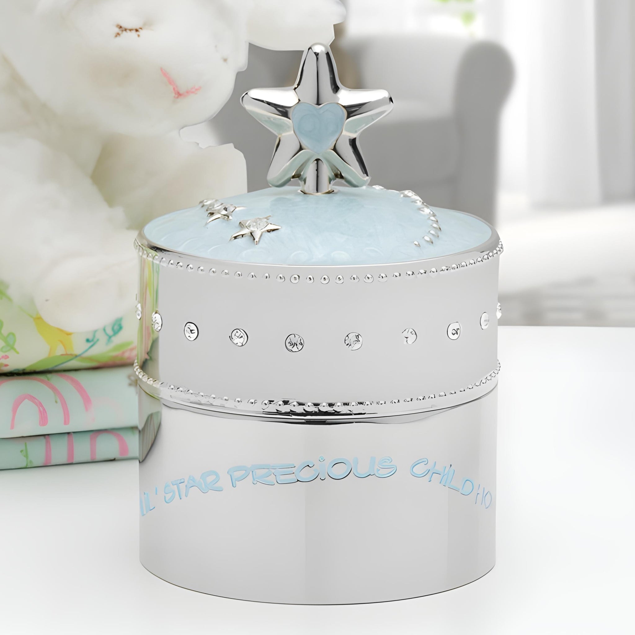 Shiny Silver Plated Baby Blue Star Trinket Musical Box