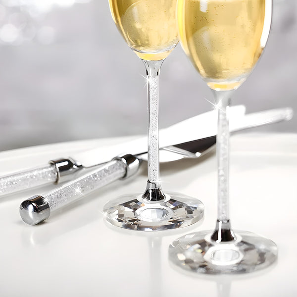 Set 2 Silver Champagne Glass Flutes & Crystal Diamante Filled Stems