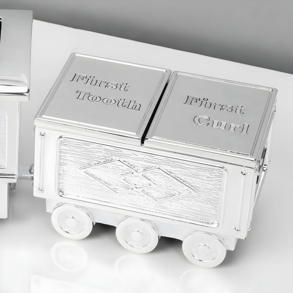 Shiny Silver Plated Money Box Train with First Tooth & First Curl Carriage Baby Keepsake